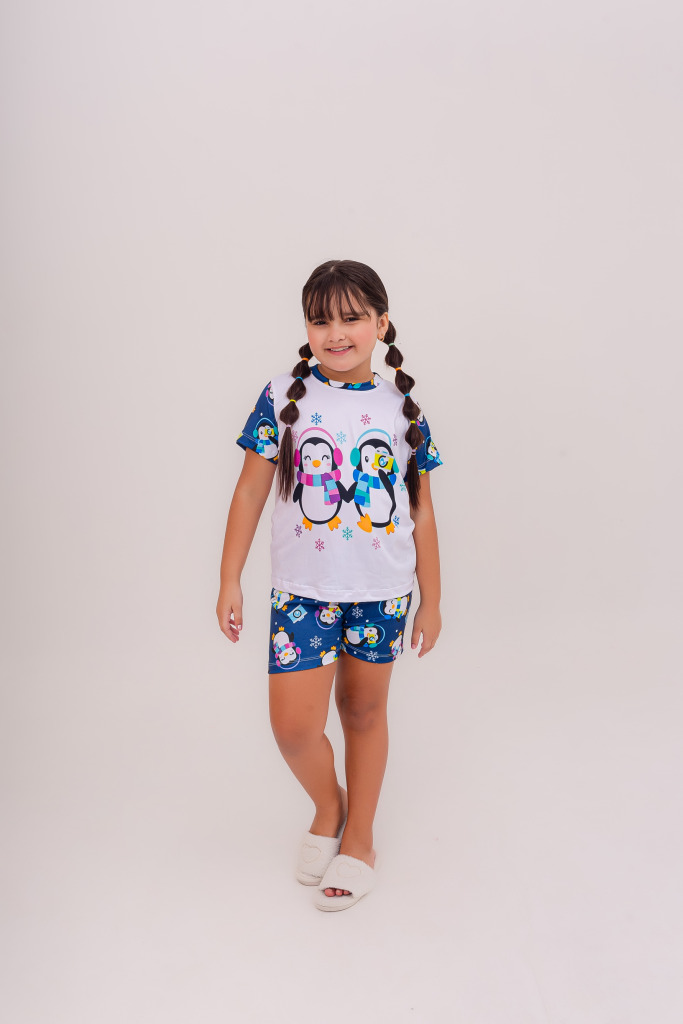 Pijama Infantil Menina Curto Pinguim Fotolover Azul Marinho