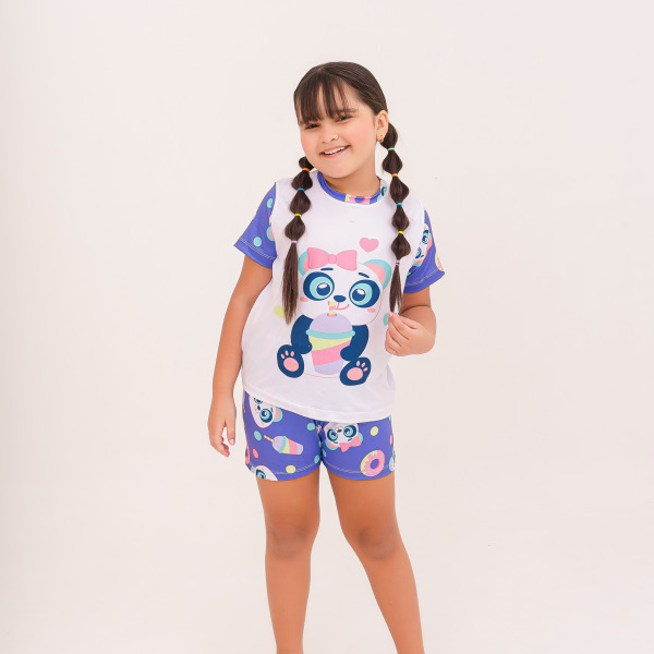 Pijama Infantil Menina Curto Panda Milkshake Lavanda