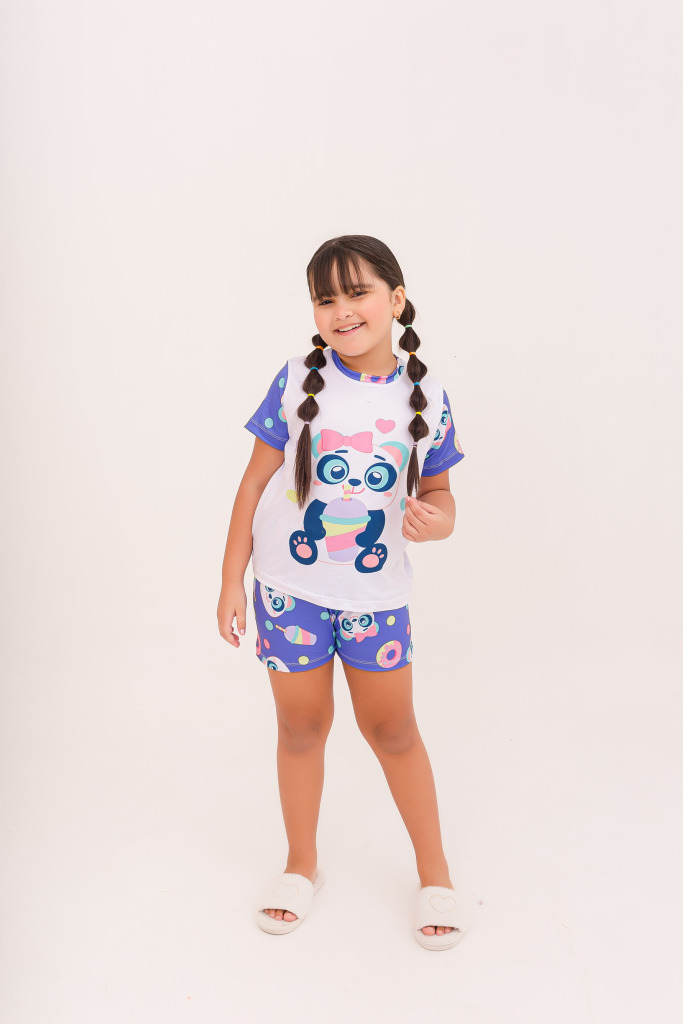 Pijama Infantil Menina Curto Panda Milkshake Lavanda