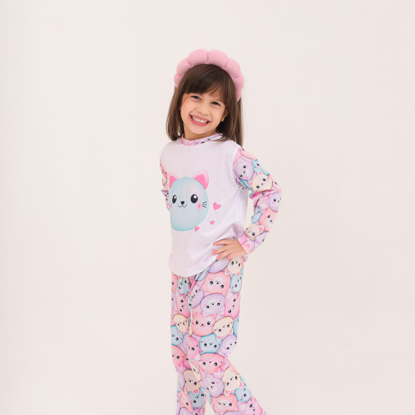 Pijama Infantil Menina Longo Squish Pets Gatinha Lilás e Azul