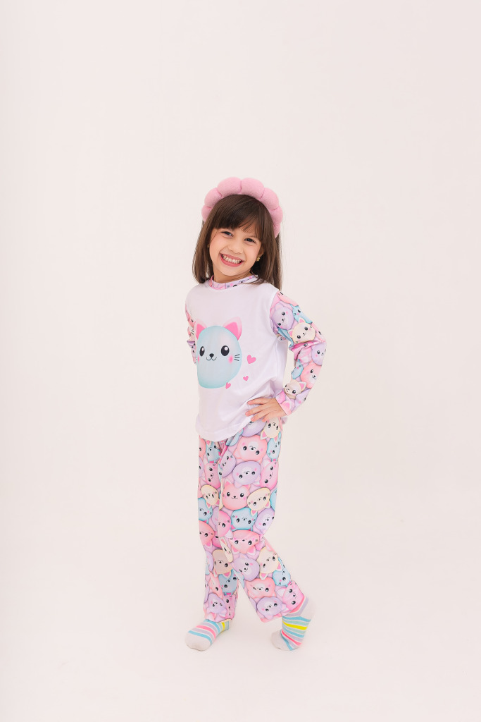 Pijama Infantil Menina Longo Squish Pets Gatinha Lilás e Azul