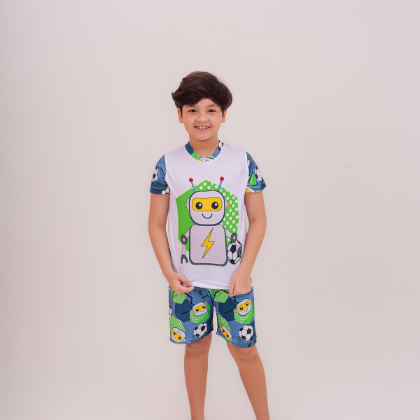 Pijama Infantil Menino Curto Robot Football Azul