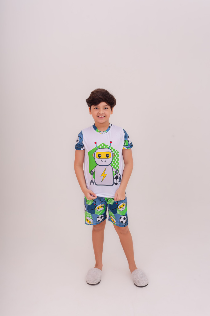 Pijama Infantil Menino Curto Robot Football Azul
