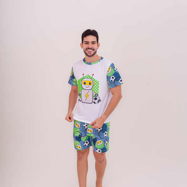 Pijama Adulto Masculino Curto Robot Football Azul