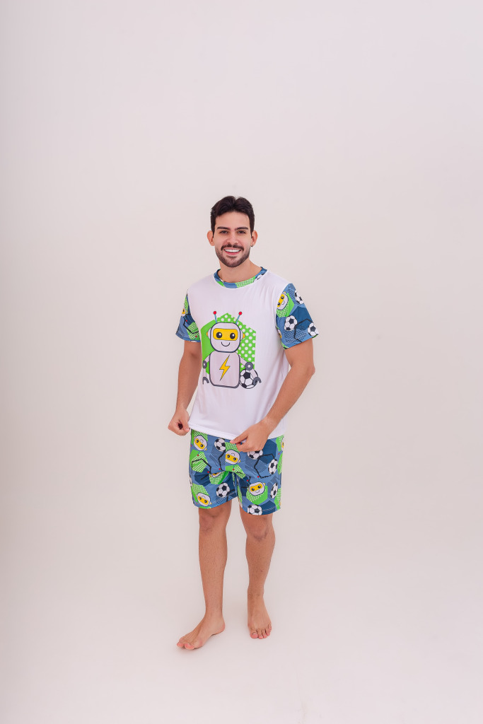 Pijama Adulto Masculino Curto Robot Football Azul