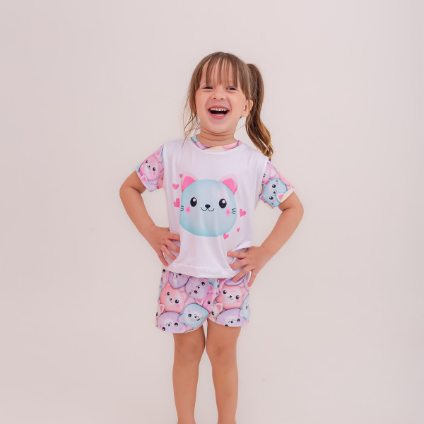 Pijama Infantil Menina Curto Squish Pets Gatinha Lilas e Azul