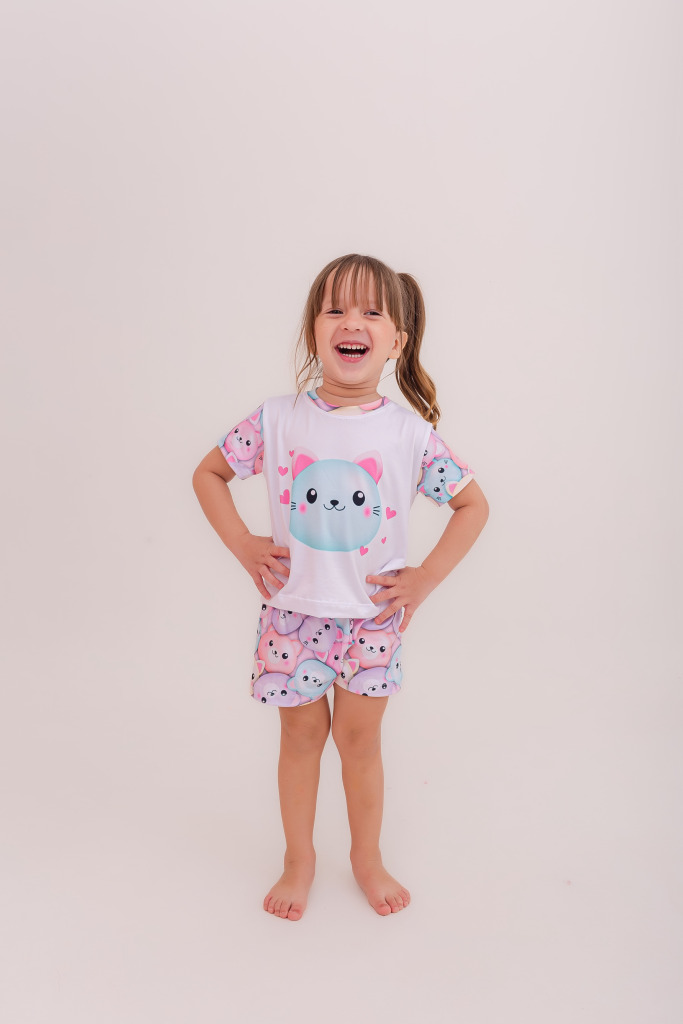 Pijama Infantil Menina Curto Squish Pets Gatinha Lilas e Azul