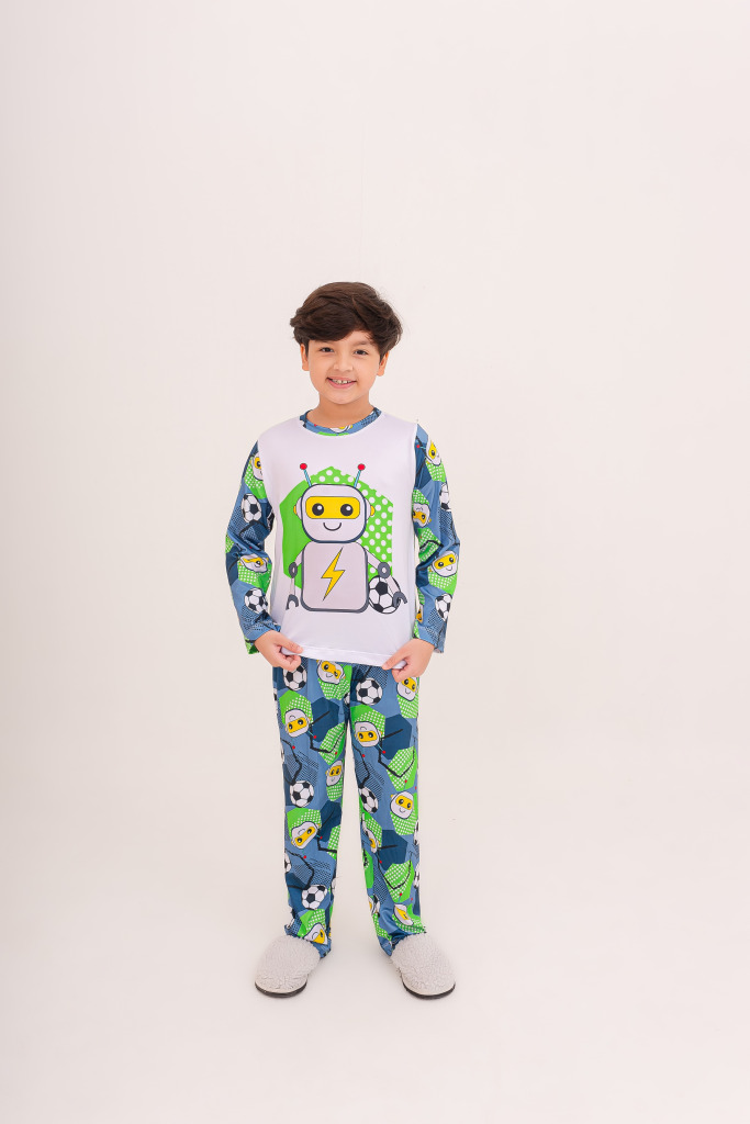 Pijama Infantil Menino Longo Robot Football Azul