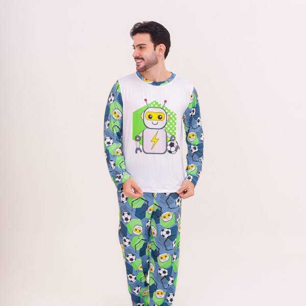 Pijama Adulto Masculino Longo Robot Football Azul