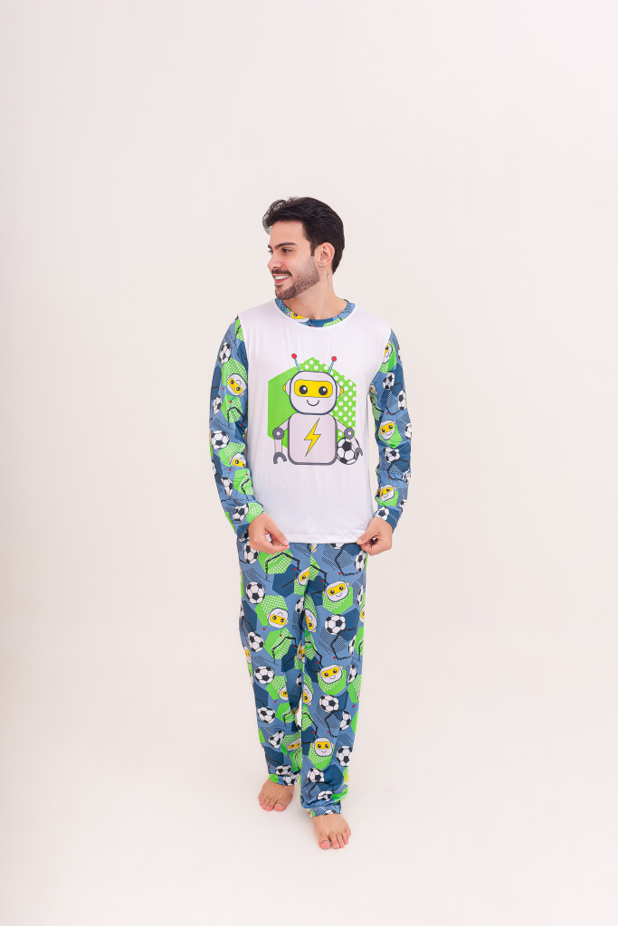 Pijama Adulto Masculino Longo Robot Football Azul