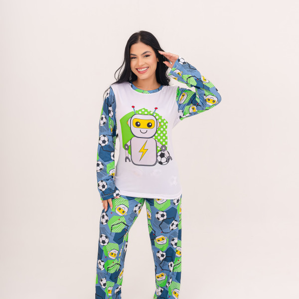 Pijama Adulto Feminino Longo Robot Football Azul