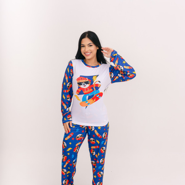 Pijama Adulto Feminino Longo Tigre Skatista Azul Royal