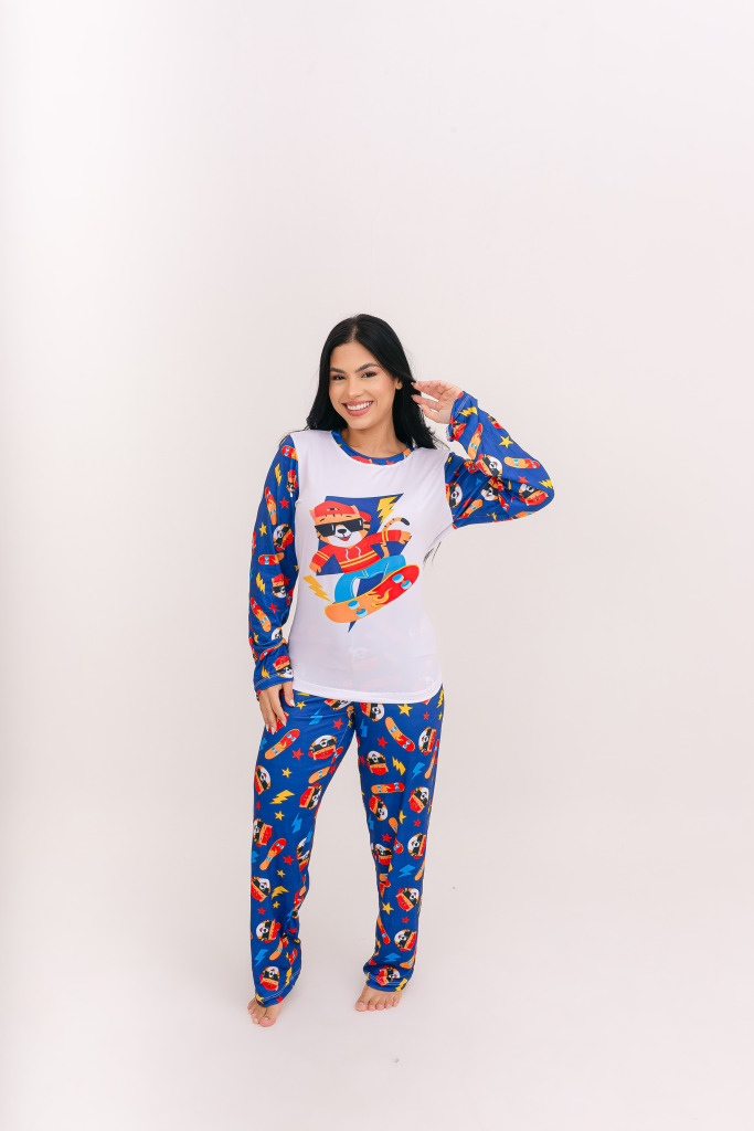 Pijama Adulto Feminino Longo Tigre Skatista Azul Royal