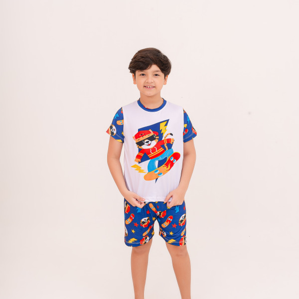 Pijama Infantil Menino Curto Tigre Skatista Azul Royal