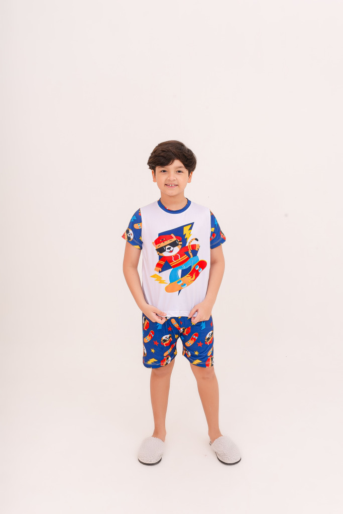 Pijama Infantil Menino Curto Tigre Skatista Azul Royal