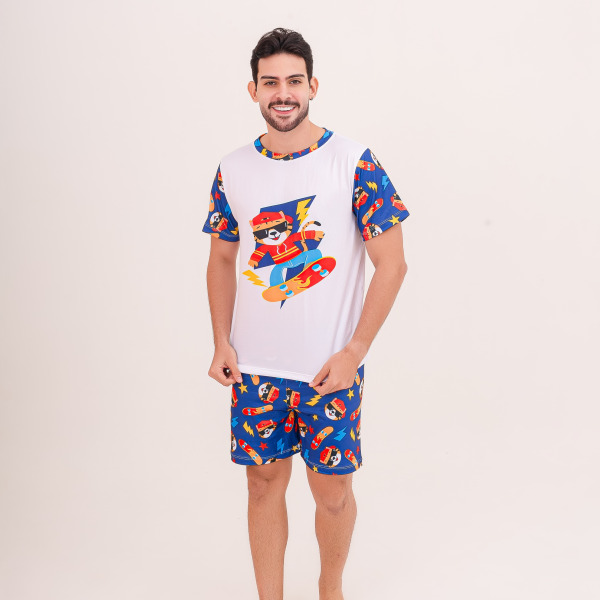 Pijama Adulto Masculino Curto Tigre Skatista Azul Royal