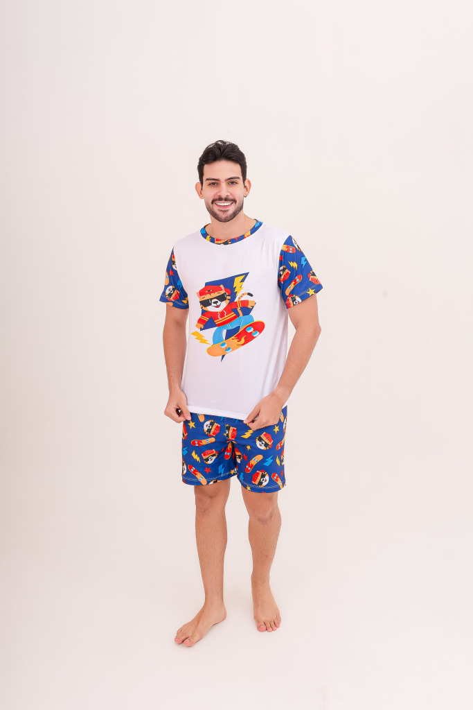 Pijama Adulto Masculino Curto Tigre Skatista Azul Royal