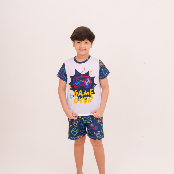 Pijama Infantil Menino Curto Video Game Azul Marinho