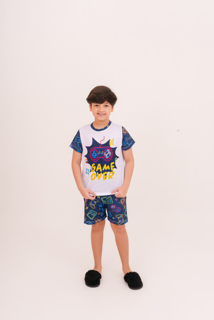 Pijama Infantil Menino Curto Video Game Azul Marinho