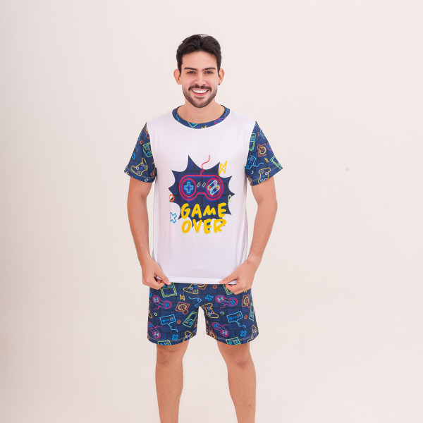 Pijama Adulto Masculino Curto Video Game Azul Marinho