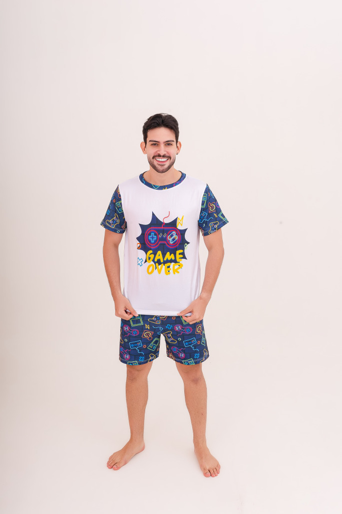 Pijama Adulto Masculino Curto Video Game Azul Marinho