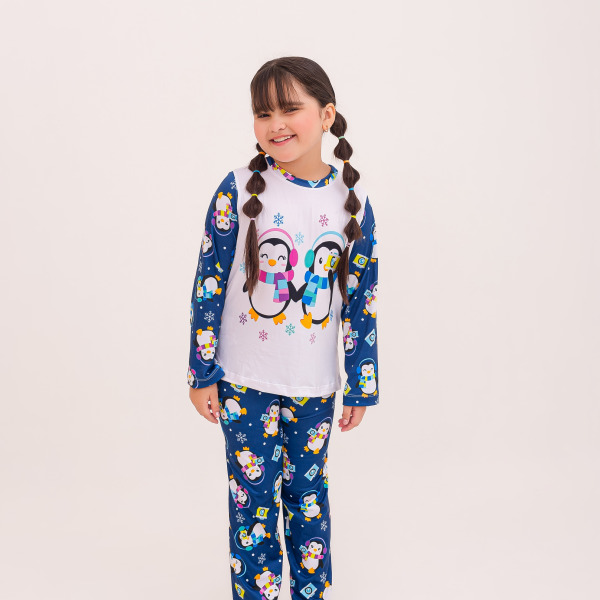Pijama Infantil Menina Longo Pinguim Fotolover – Azul Marinho