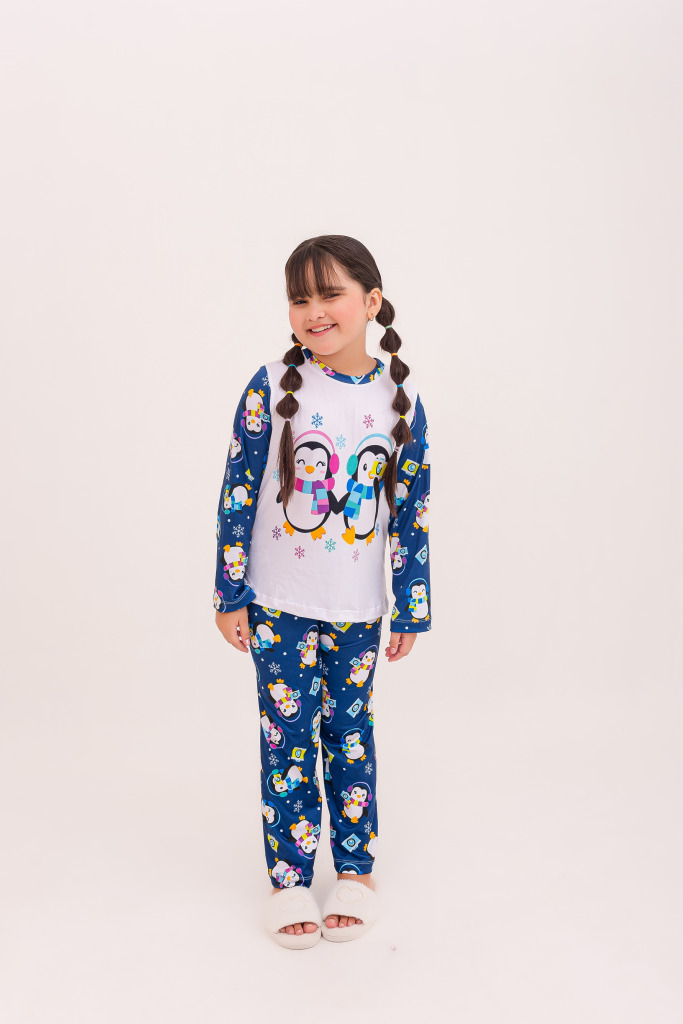 Pijama Infantil Menina Longo Pinguim Fotolover – Azul Marinho