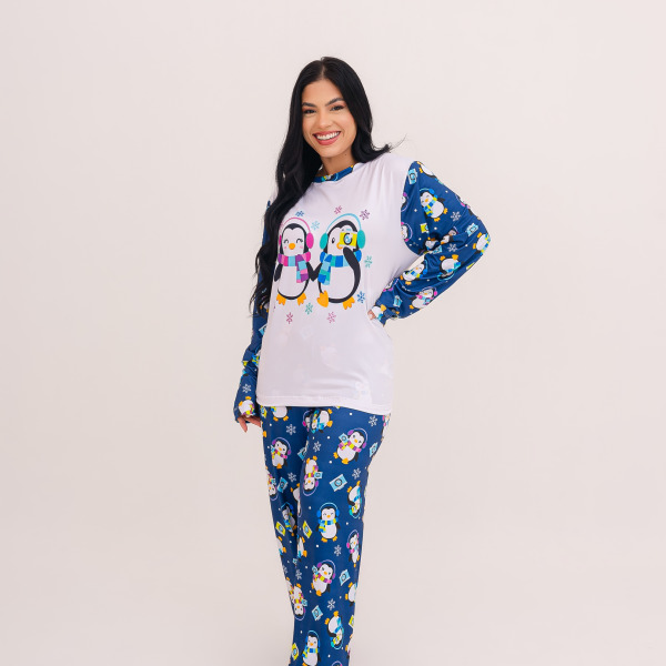 Pijama Adulto Feminino Longo Pinguim Fotolover – Azul Marinho