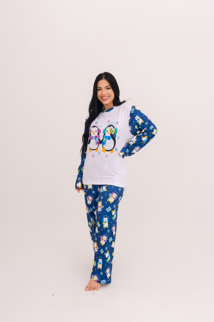 Pijama Adulto Feminino Longo Pinguim Fotolover – Azul Marinho