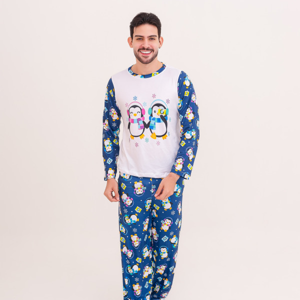 Pijama Adulto Masculino Longo Pinguim Fotolover – Azul Marinho