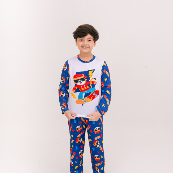 Pijama Infantil Menino Longo Tigre Skatista Azul Royal