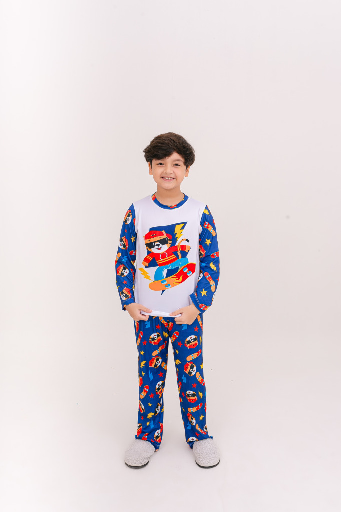 Pijama Infantil Menino Longo Tigre Skatista Azul Royal