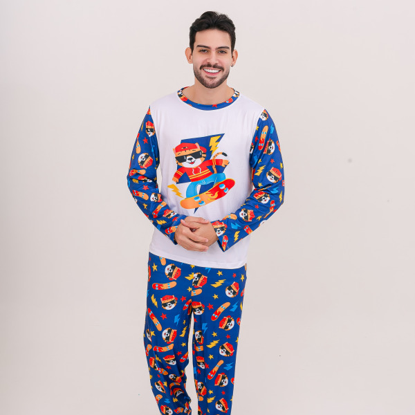 Pijama Adulto Masculino Longo Tigre Skatista Azul Royal