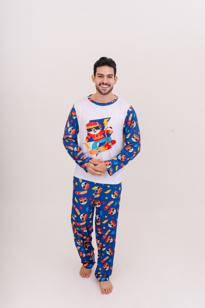 Pijama Adulto Masculino Longo Tigre Skatista Azul Royal