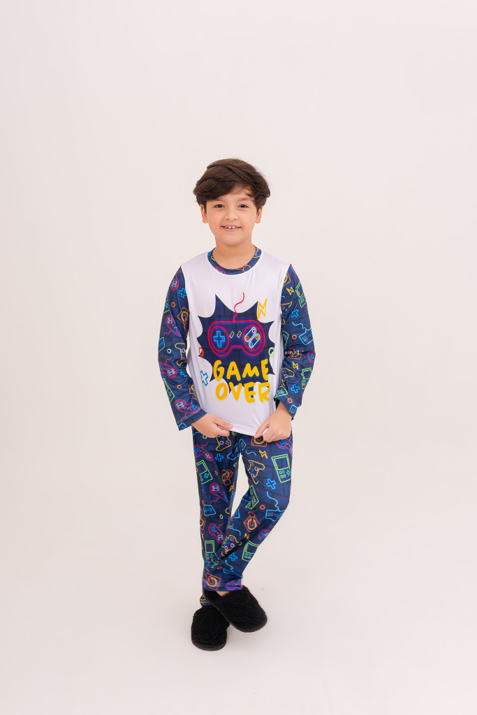 Pijama Infantil Menino Longo Video Game Azul Marinho