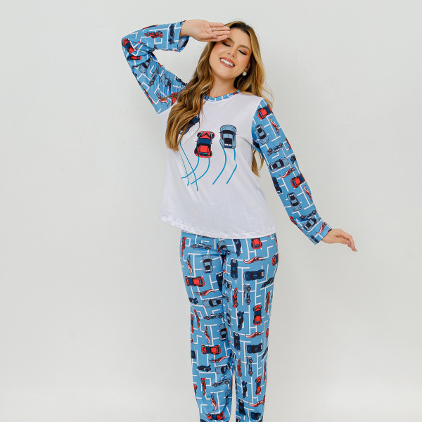 Pijama Adulto Feminino Longo Hot Cars Azul Bebê