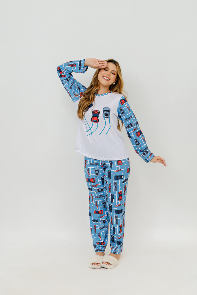 Pijama Adulto Feminino Longo Hot Cars Azul Bebê