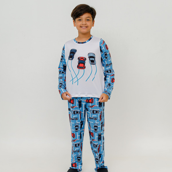 Pijama Infantil Menino Longo Hot Cars Azul Bebê