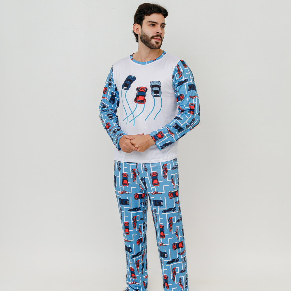 Pijama Adulto Masculino Longo Hot Cars Azul Bebê