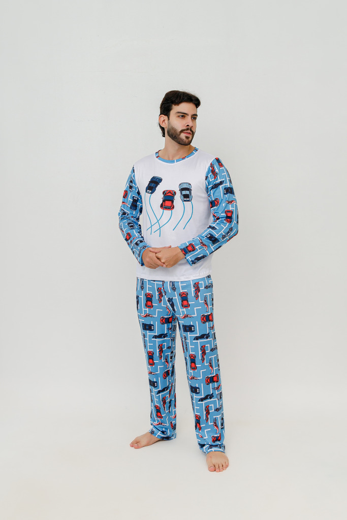 Pijama Adulto Masculino Longo Hot Cars Azul Bebê