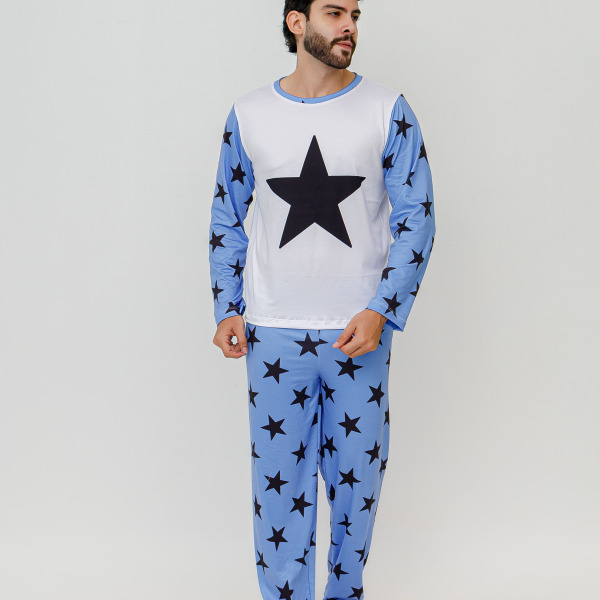 Pijama Adulto Masculino Longo Estrelas – Azul Bebê