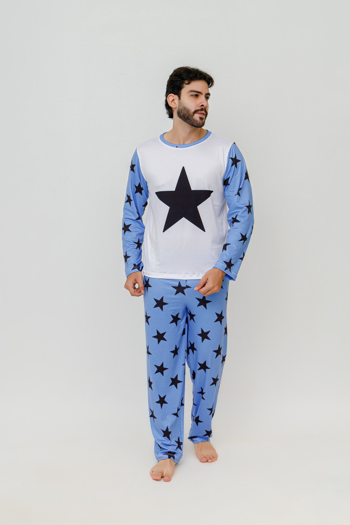 Pijama Adulto Masculino Longo Estrelas – Azul Bebê