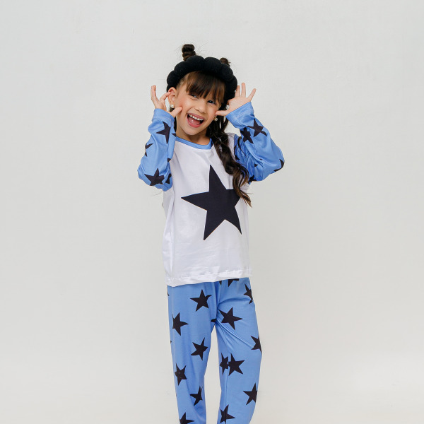 Pijama Infantil Menina Longo Estrelas – Azul Bebê