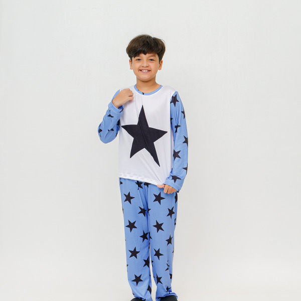 Pijama Infantil Menino Longo Estrelas – Azul Bebê
