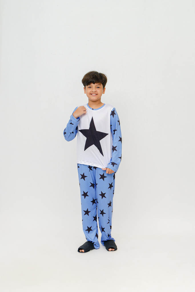 Pijama Infantil Menino Longo Estrelas – Azul Bebê