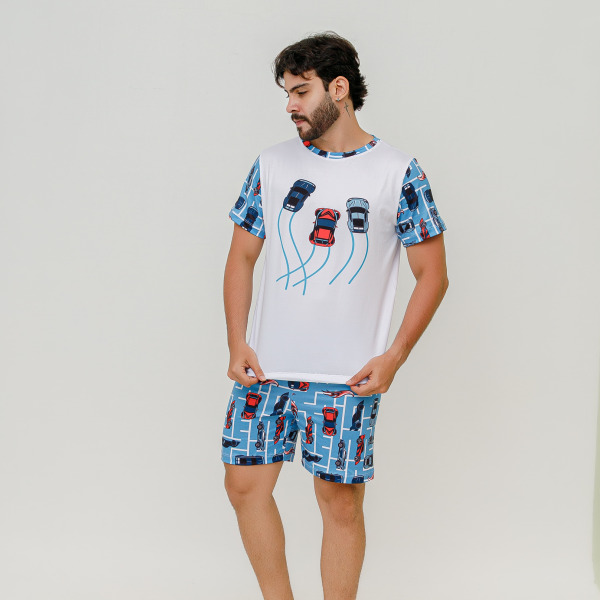 Pijama Adulto Masculino Curto Hot Cars Azul Bebê