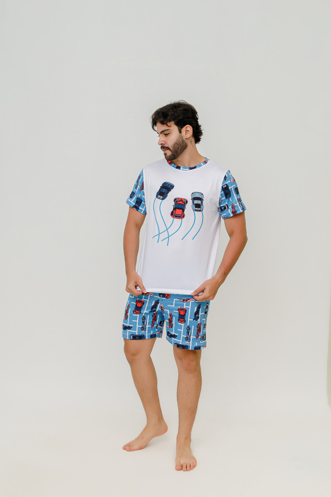 Pijama Adulto Masculino Curto Hot Cars Azul Bebê