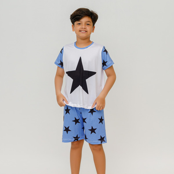 Pijama Infantil Menino Curto Estrela Azul Claro