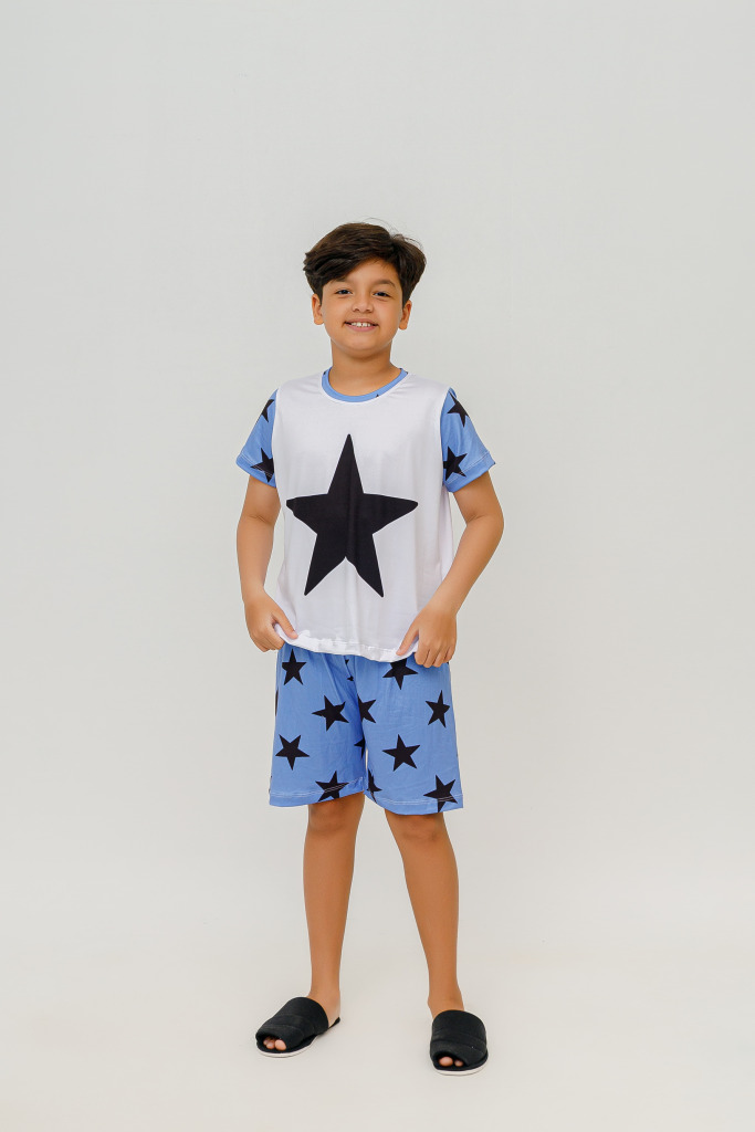 Pijama Infantil Menino Curto Estrela Azul Claro