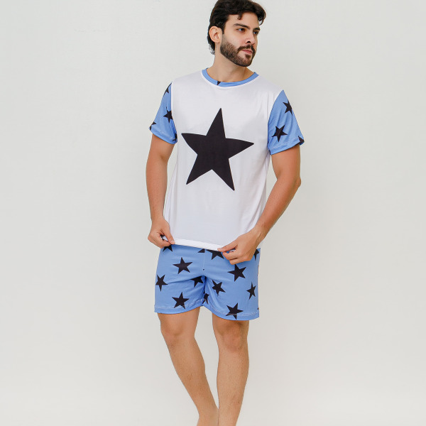 Pijama Adulto Masculino Curto Estrela Azul Claro